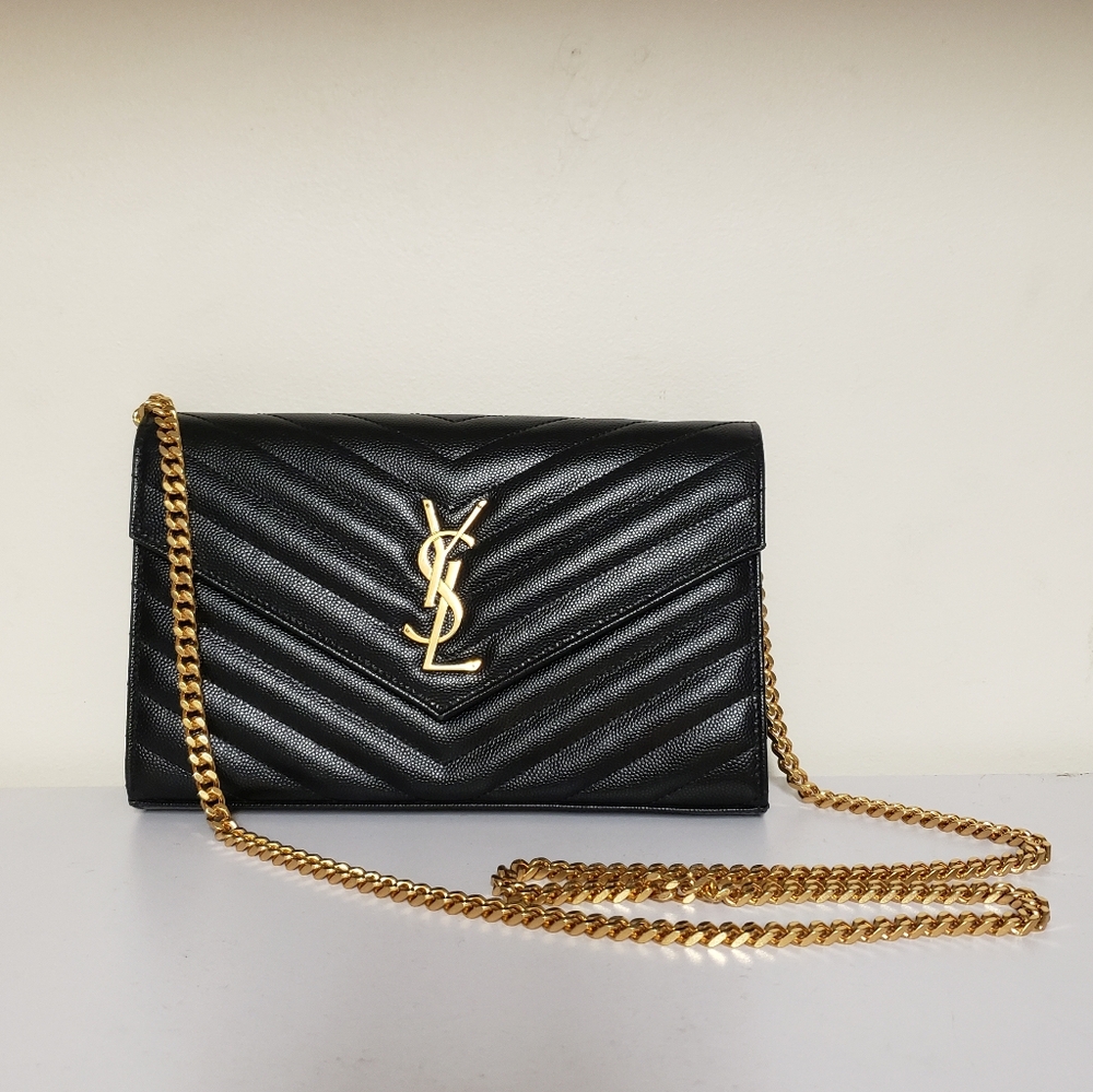 YSL Classic Cassandre Chain Wallet In Grain De Poudre Leather - Picture 2 of 6